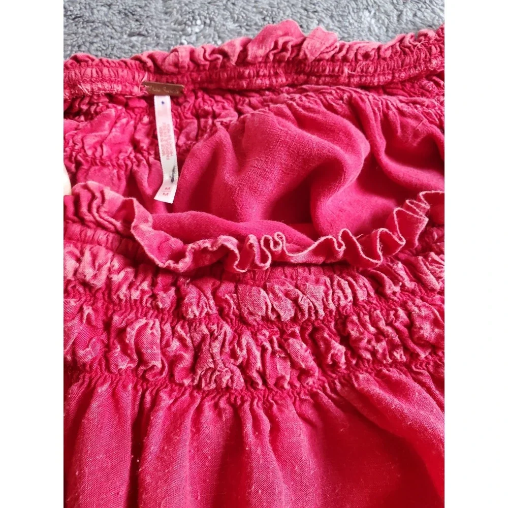 Free People Boho Red Eyelet Embroidered Off Shoulder Crop Top Bell Sleeve M
